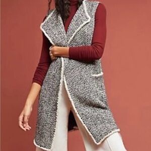 Greylin x Anthropologie Tweed Herringbone Long Vest Jacket White Black Women's L